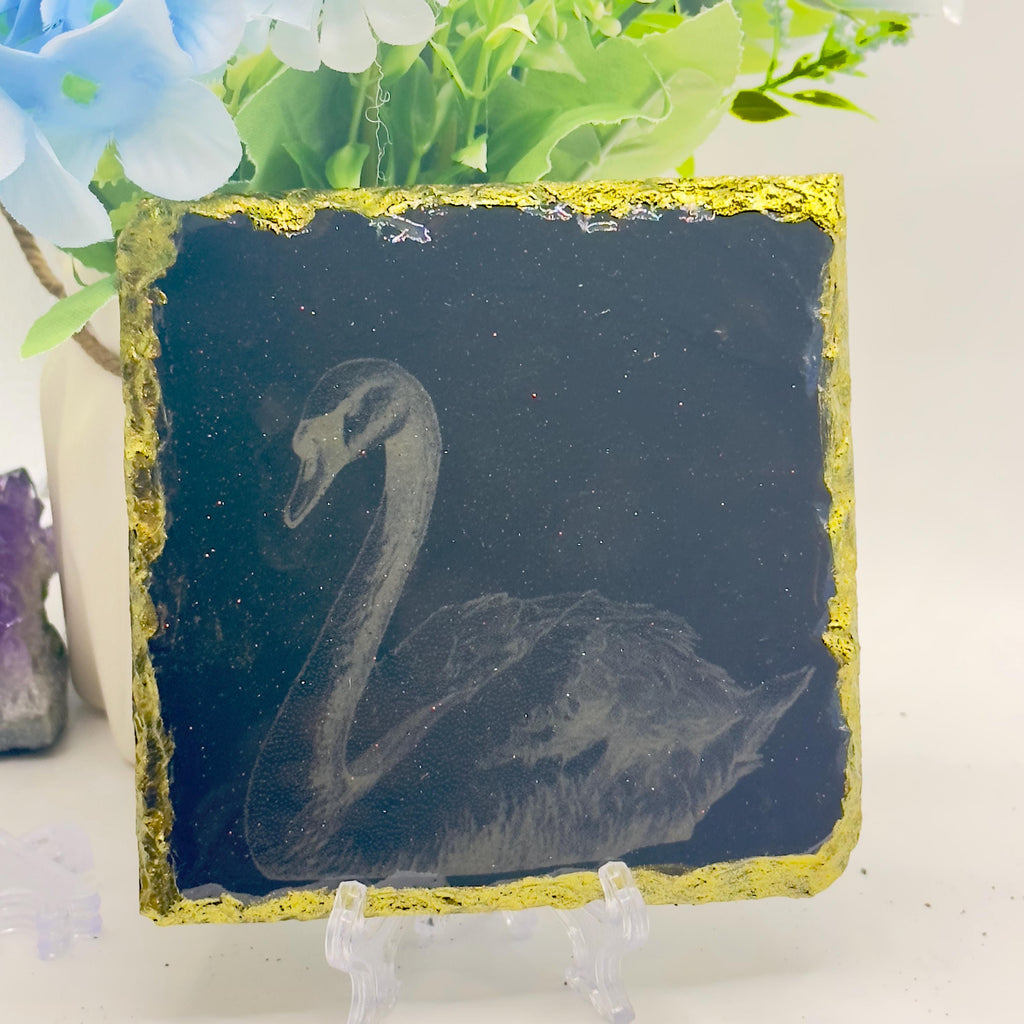 Swan Slate Coaster | Gold Rim & Epoxy Finish | Handmade Luxury Decor | Elegant Swan Gift