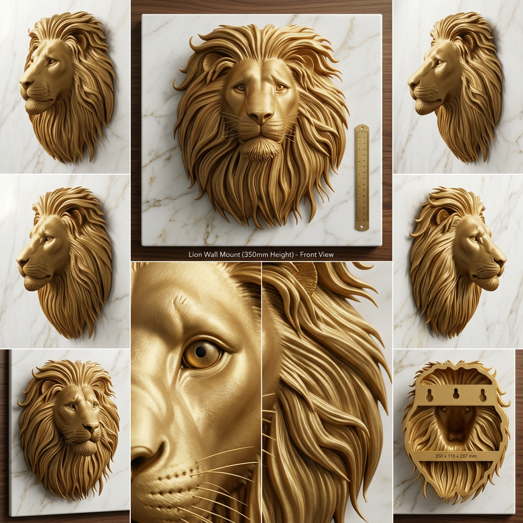 Lion Head Wall Mount PLA Sculpture 250mm | 3D Printed Lion Wall Art | Large Wall Decor | Handmade Animal Sculpture