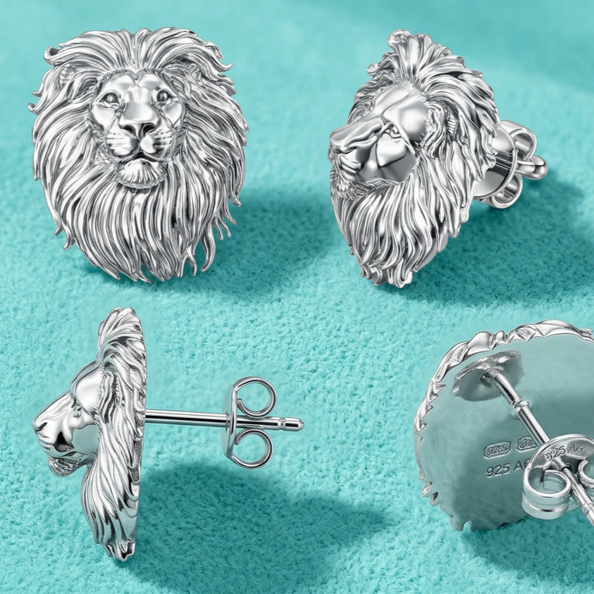 Lion Head Stud Earrings 15mm Polished Silver / Polished Brass Statement Animal Jewelry Unisex Handmade Stud Earrings