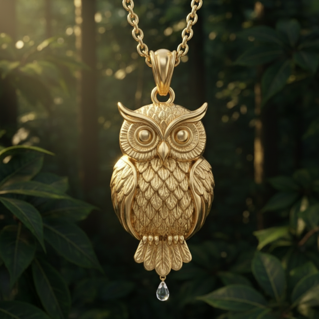 Exotic Owl Pendant with Prominent Eyes – Gold Finish, Available in Sterling Silver – 3D Detailed Design