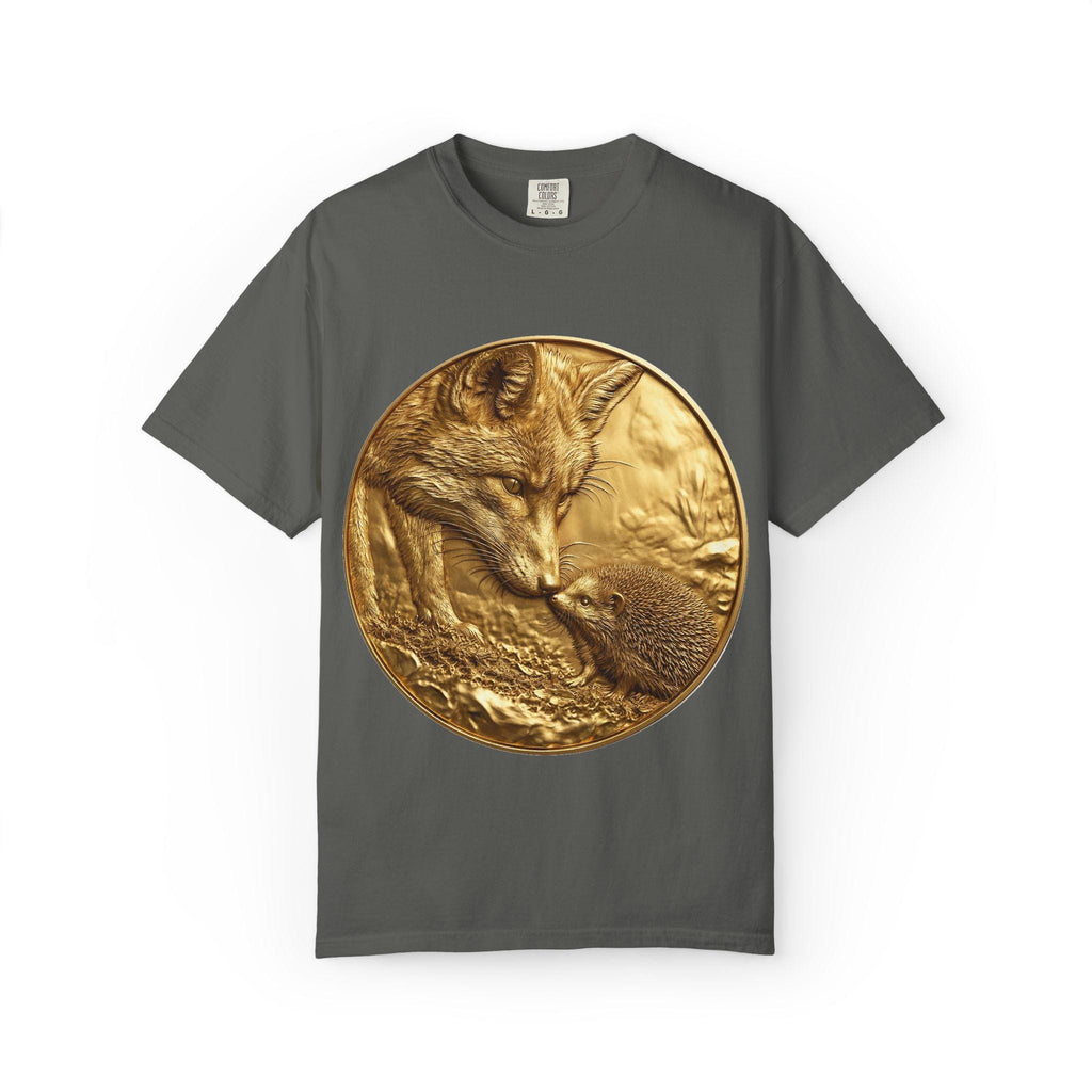 Golden Fox and Hedgehog T-Shirt  Curious Wildlife Scene in Luxury Gold Print Design