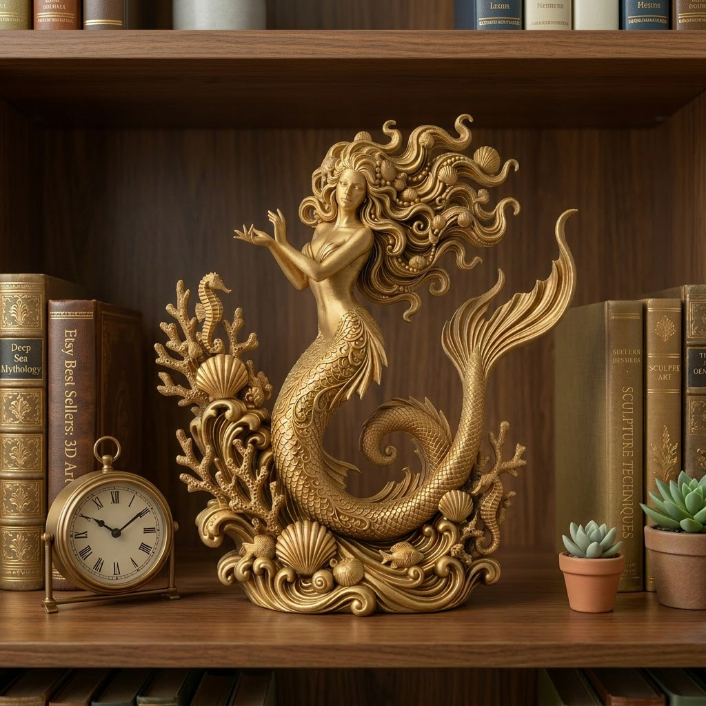 The Golden Mermaid Statue 250mm in gold finish by MokshaGoldSculptures, elegant coastal decor piece.