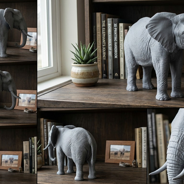 Elephant Sculpture 3D Print | Wildlife Decor Model | Large Display Animal | Gold Grey PLA | 250mm Elephant Figurine Gift