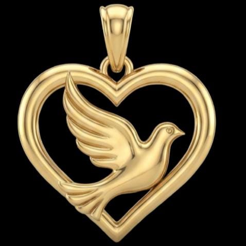 3D Dove Pendant in gold-plated finish by MokshaGoldSculptures, heart-shaped with flying dove detail.