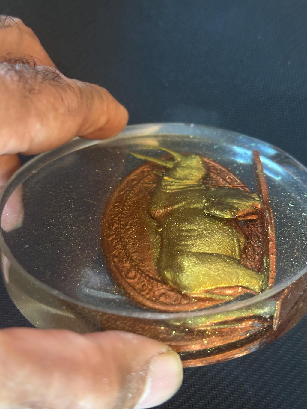 Rhinoceros with Cub – Gold Resin Coaster on Copper Background