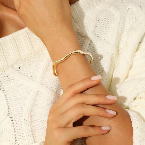 18K Gold Plated Open Bangle Bracelet - Minimalist Stainless Steel Cuff