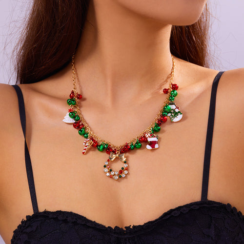 Christmas Charm Necklace - Santa Claus Wreath Bell Tree Rhinestone Pendant