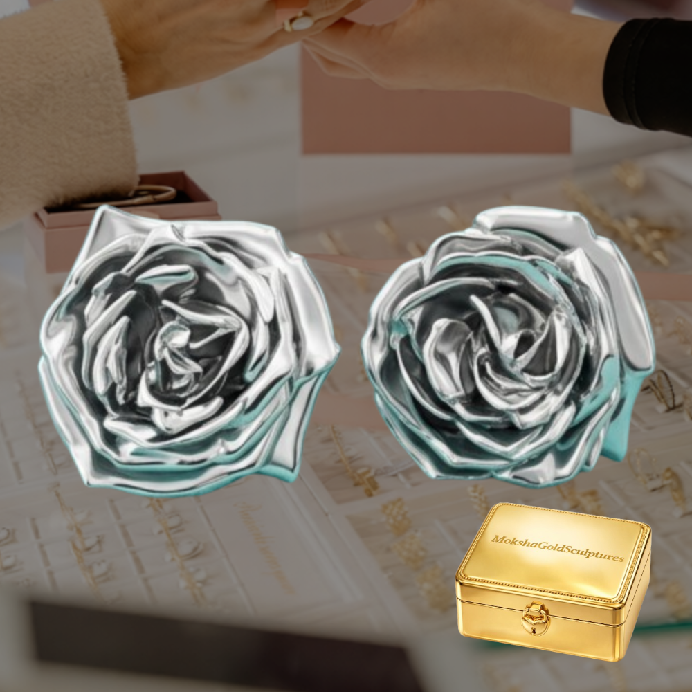 Rose Stud Earrings in Polished Silver & Polished Brass | 14mm Floral Earrings | Sculpted Rose Jewellery | Lightweight Botanical Studs
