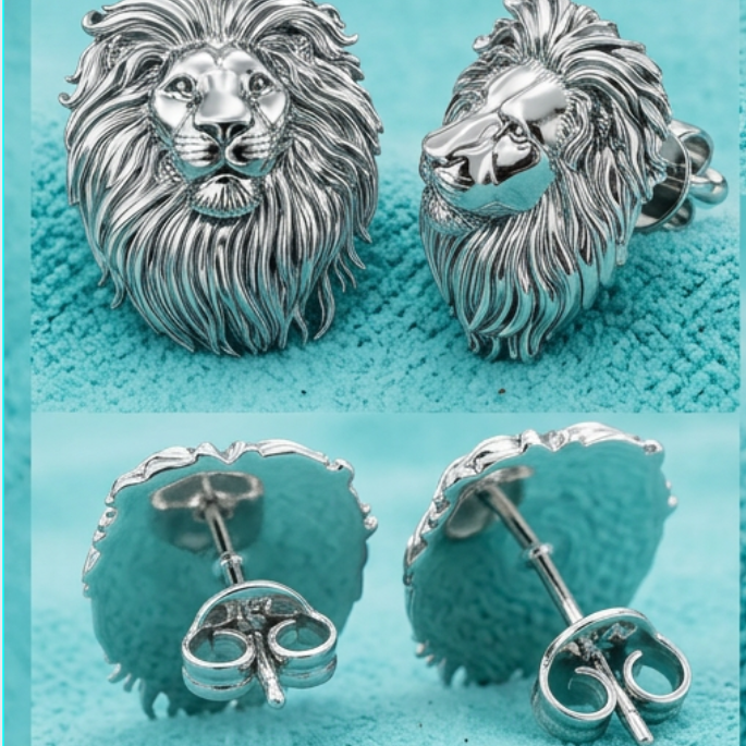 Lion Head Stud Earrings 15mm Polished Silver / Polished Brass Statement Animal Jewelry Unisex Handmade Stud Earrings