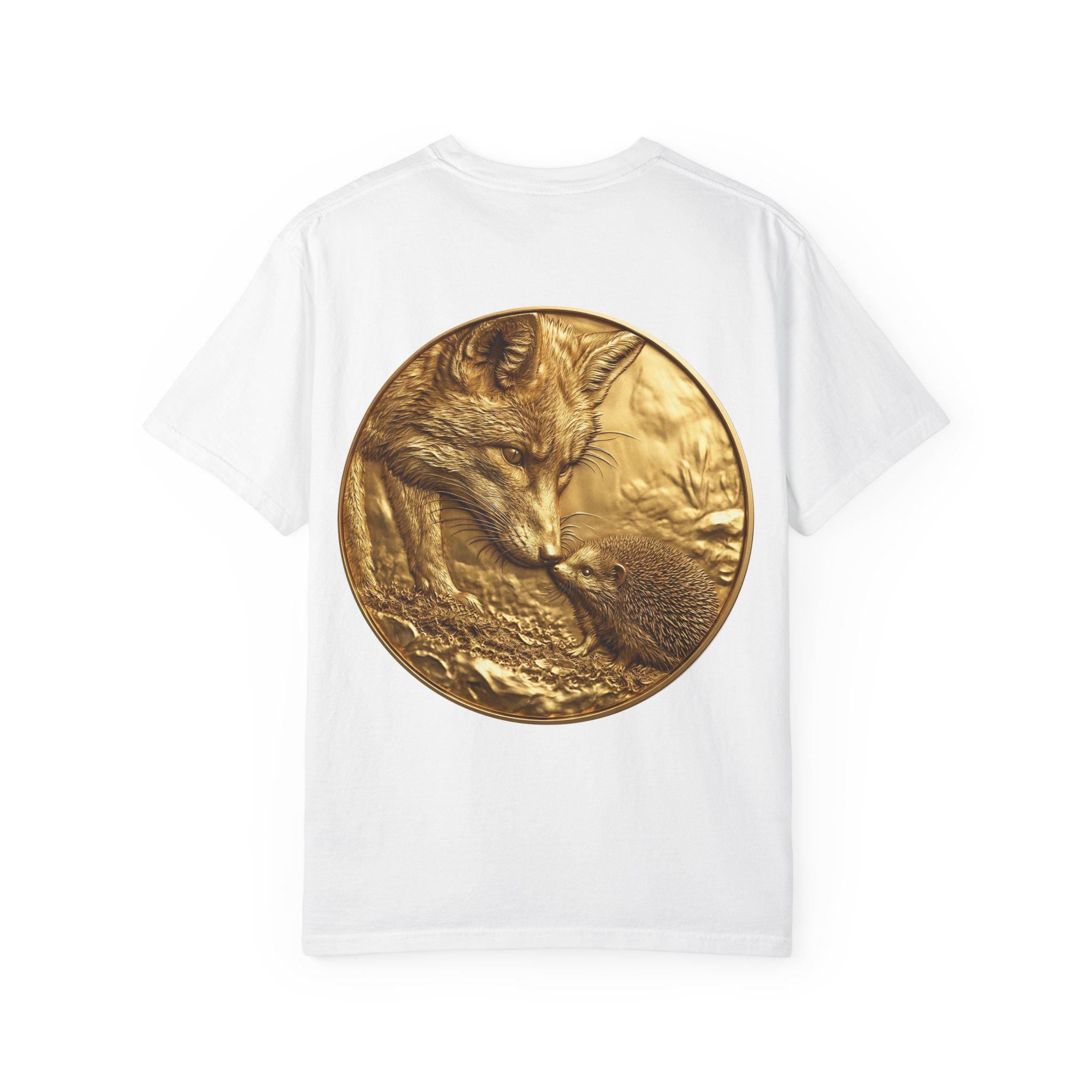 Golden Fox and Hedgehog T-Shirt  Curious Wildlife Scene in Luxury Gold Print Design