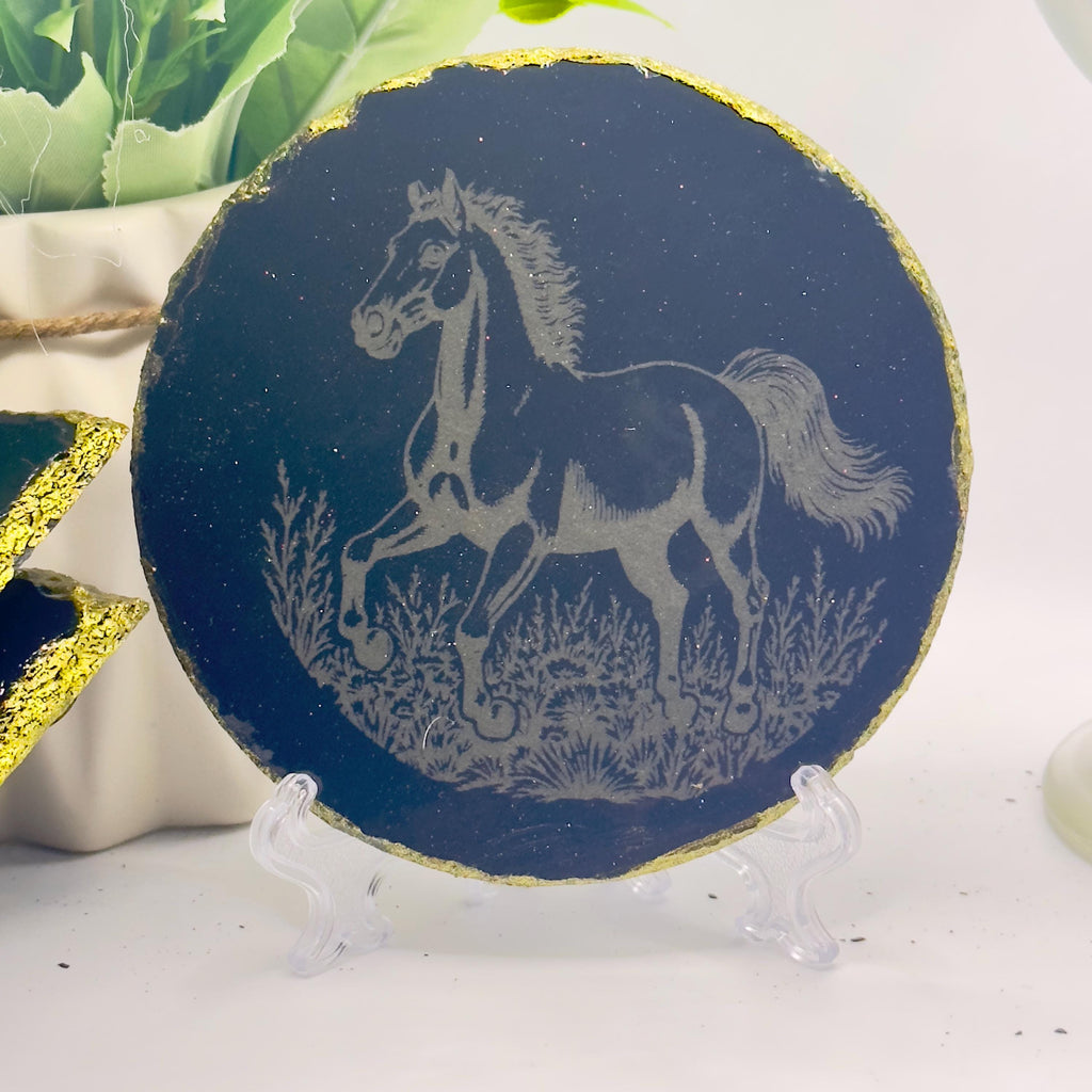 Galloping Horse Slate Coaster | Gold Rim & Epoxy Finish | Handmade Equestrian Decor | Unique Gift