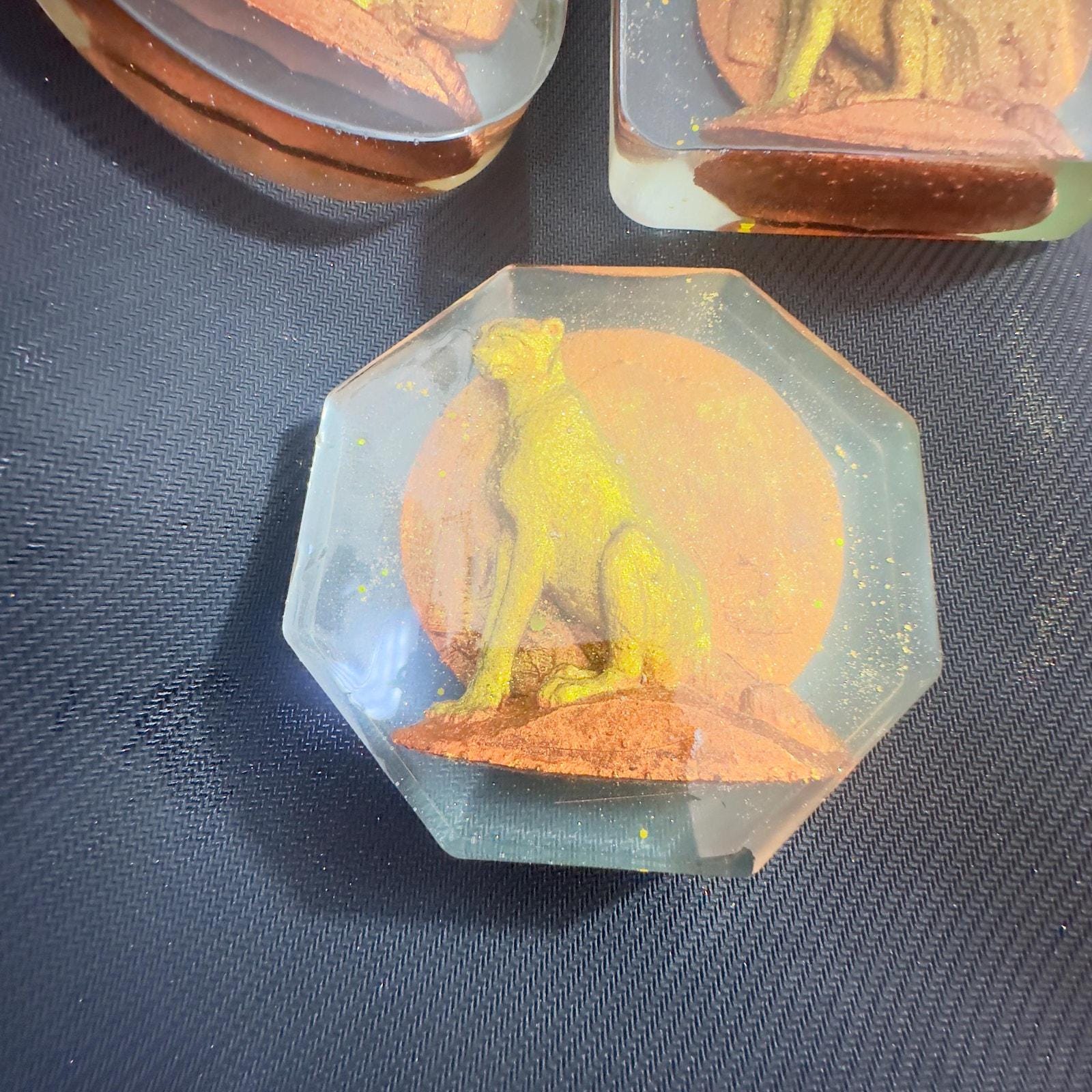 Hand-Painted Cheetah Resin Coaster, Glow-in-the-Dark Wildlife Art