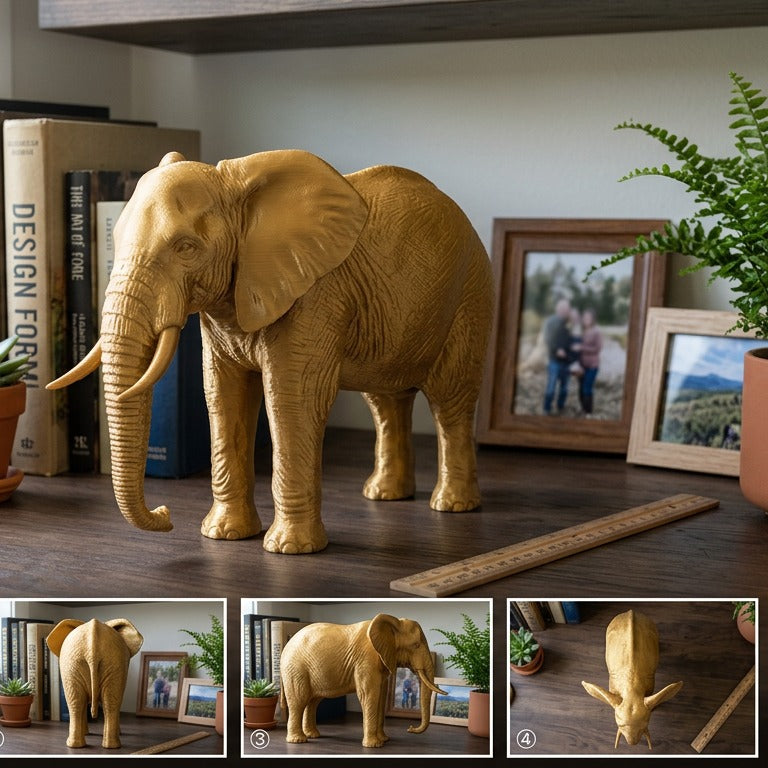 Elephant Sculpture 3D Print | Wildlife Decor Model | Large Display Animal | Gold Grey PLA | 250mm Elephant Figurine Gift