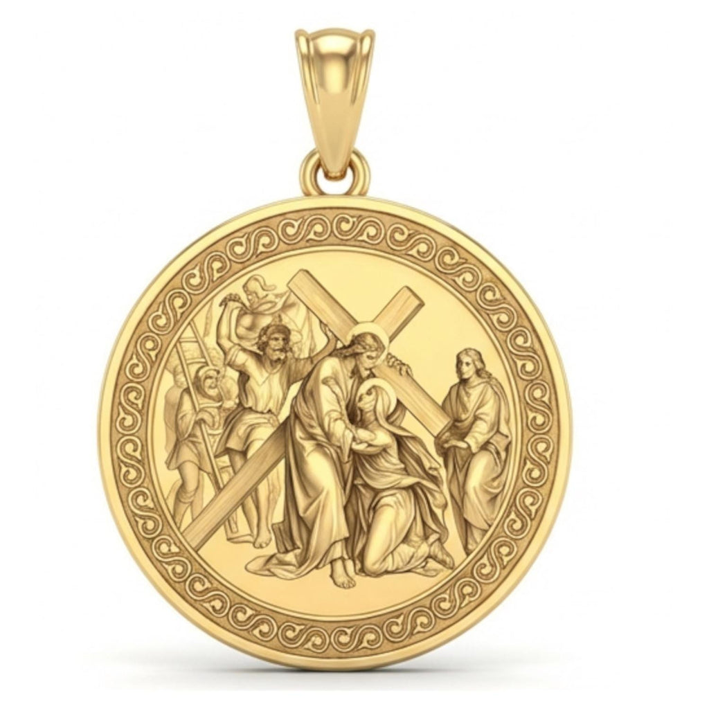 Jesus Carrying the Cross Pendant with Crowd – Christ Blessing a Kneeling Woman, Gold & Silver Religious Jewelry