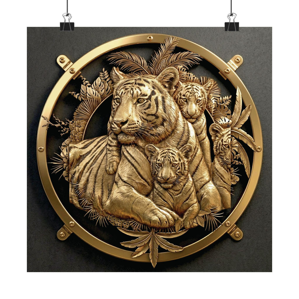 Gold Tiger Family Wall Art, Jungle Circle Framed Poster