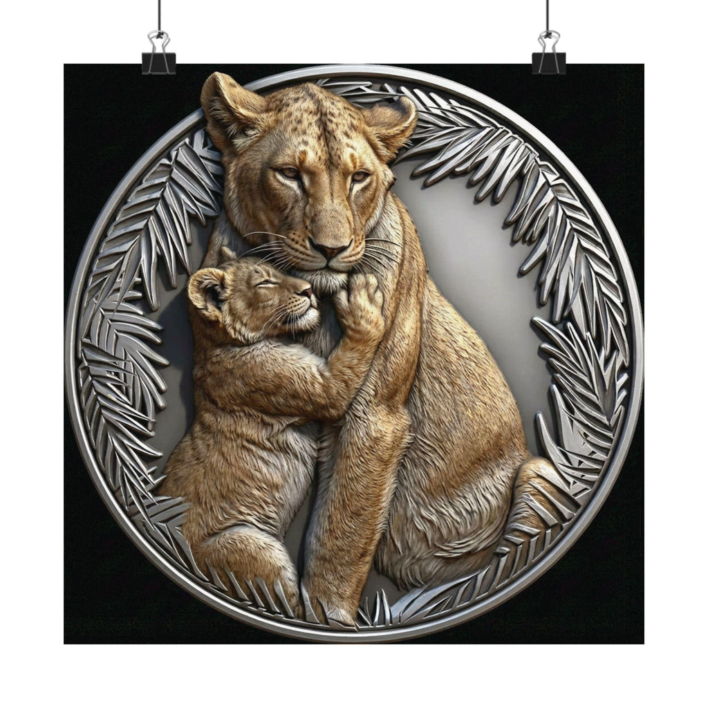 Lioness cub hug wall mount poster | natural color lion wall art | silver jungle frame
