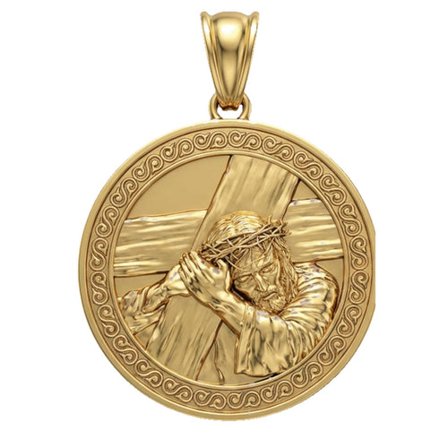 Christ Head Profile Coin Pendant in gold relief finish by MokshaGoldSculptures, Jesus with crown of thorns and cross.  MokshaGoldSculptures