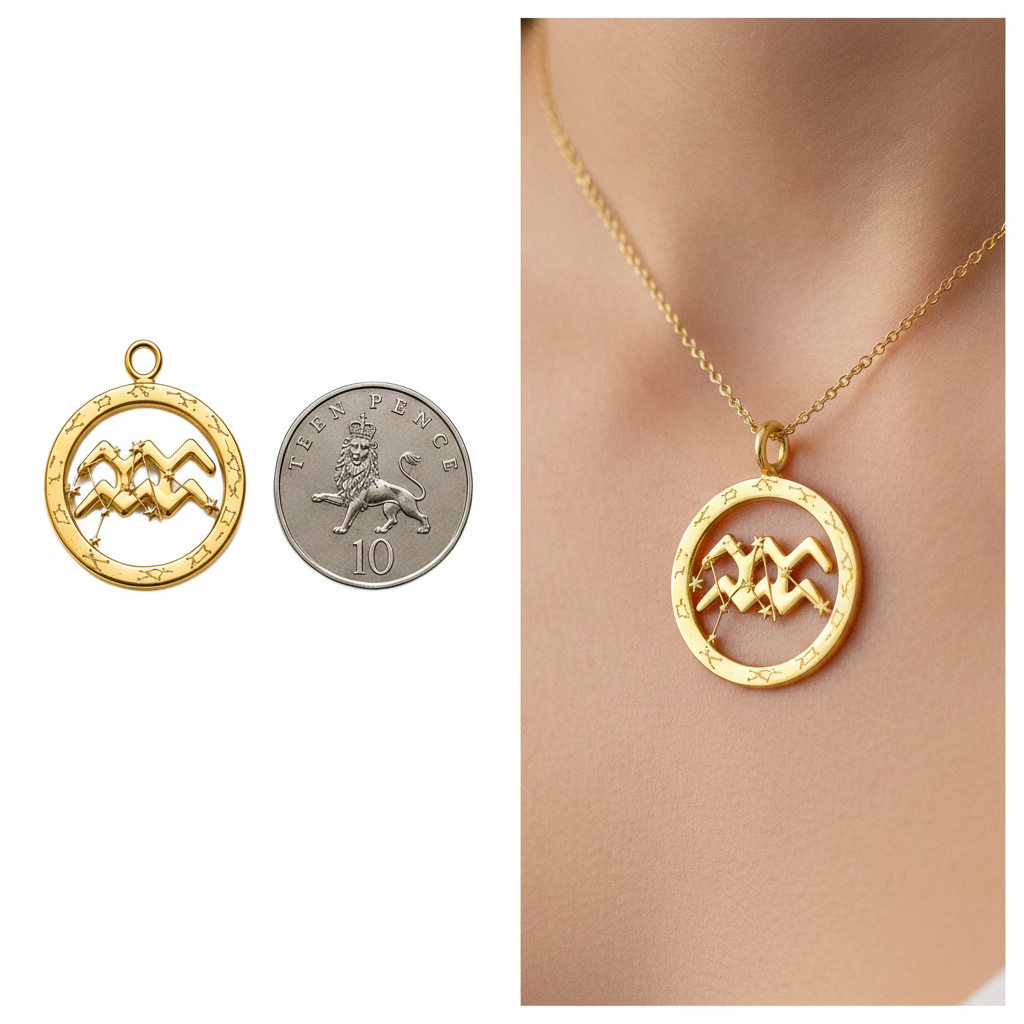 Aquarius Symbol Zodiac Pendant Necklace, 25mm Aquarius Constellation Pendant, Water Bearer Astrology Necklace, 9K Gold, Sterling Silver or Yellow Brass Gift