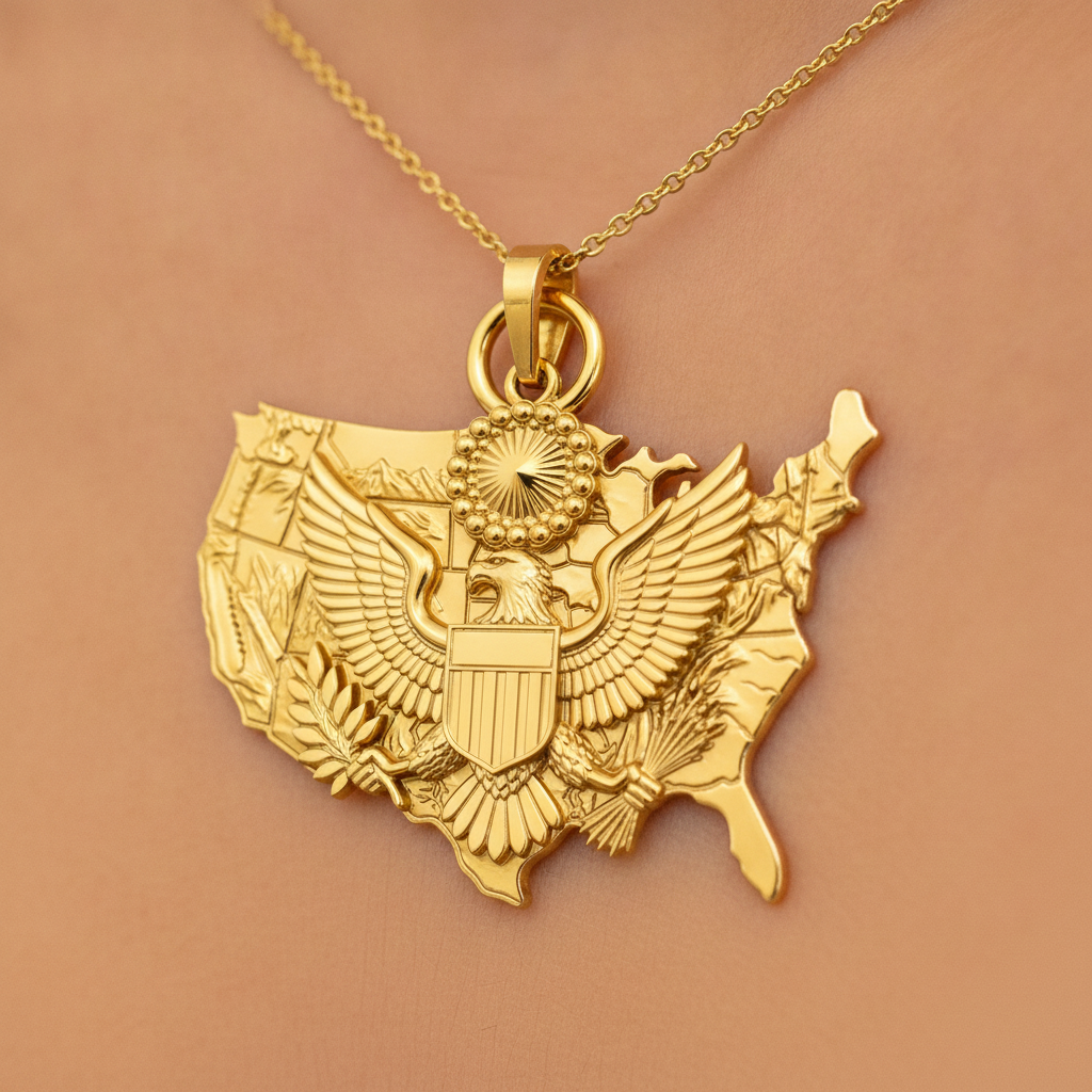 USA Eagle Map Pendant Necklace, 25mm Patriotic USA Necklace, American Eagle Jewellery, 250th Anniversary Gift, 9K Gold, Sterling Silver or Brass