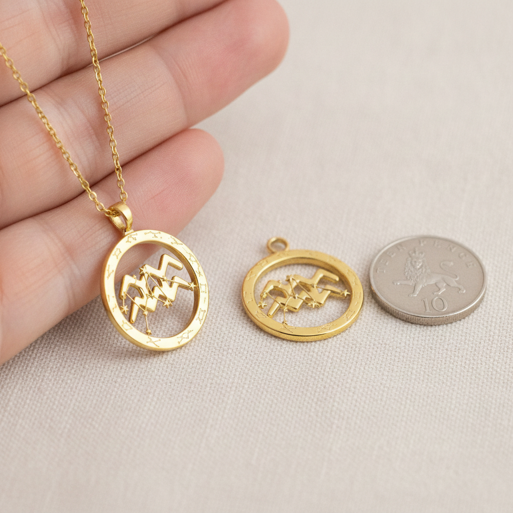 Aquarius Symbol Zodiac Pendant Necklace, 25mm Aquarius Constellation Pendant, Water Bearer Astrology Necklace, 9K Gold, Sterling Silver or Yellow Brass Gift