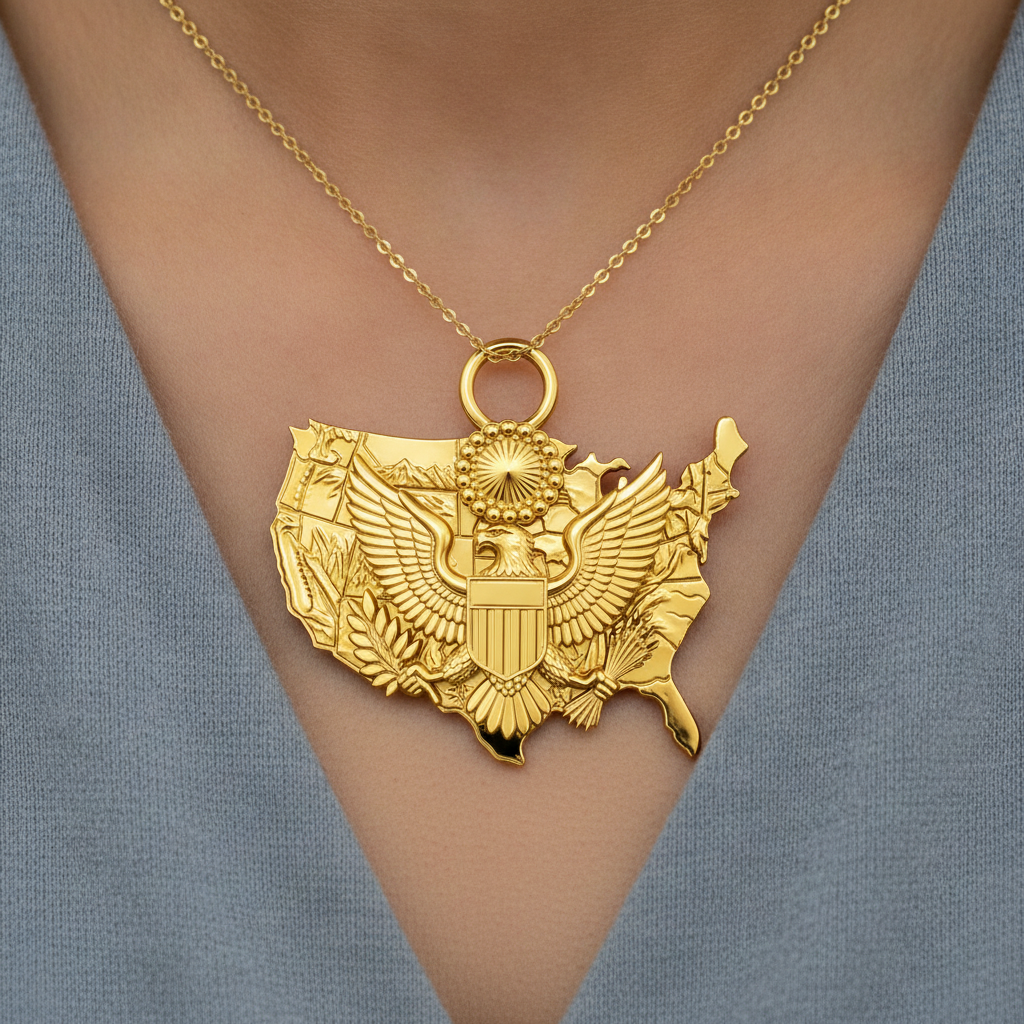 USA Eagle Map Pendant Necklace, 25mm Patriotic USA Necklace, American Eagle Jewellery, 250th Anniversary Gift, 9K Gold, Sterling Silver or Brass