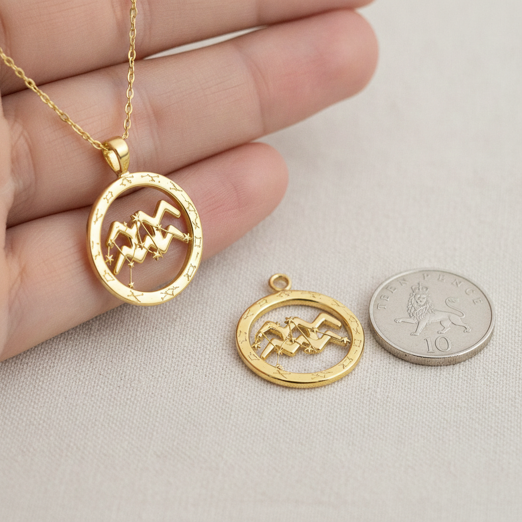 Aquarius Symbol Zodiac Pendant Necklace, 25mm Aquarius Constellation Pendant, Water Bearer Astrology Necklace, 9K Gold, Sterling Silver or Yellow Brass Gift
