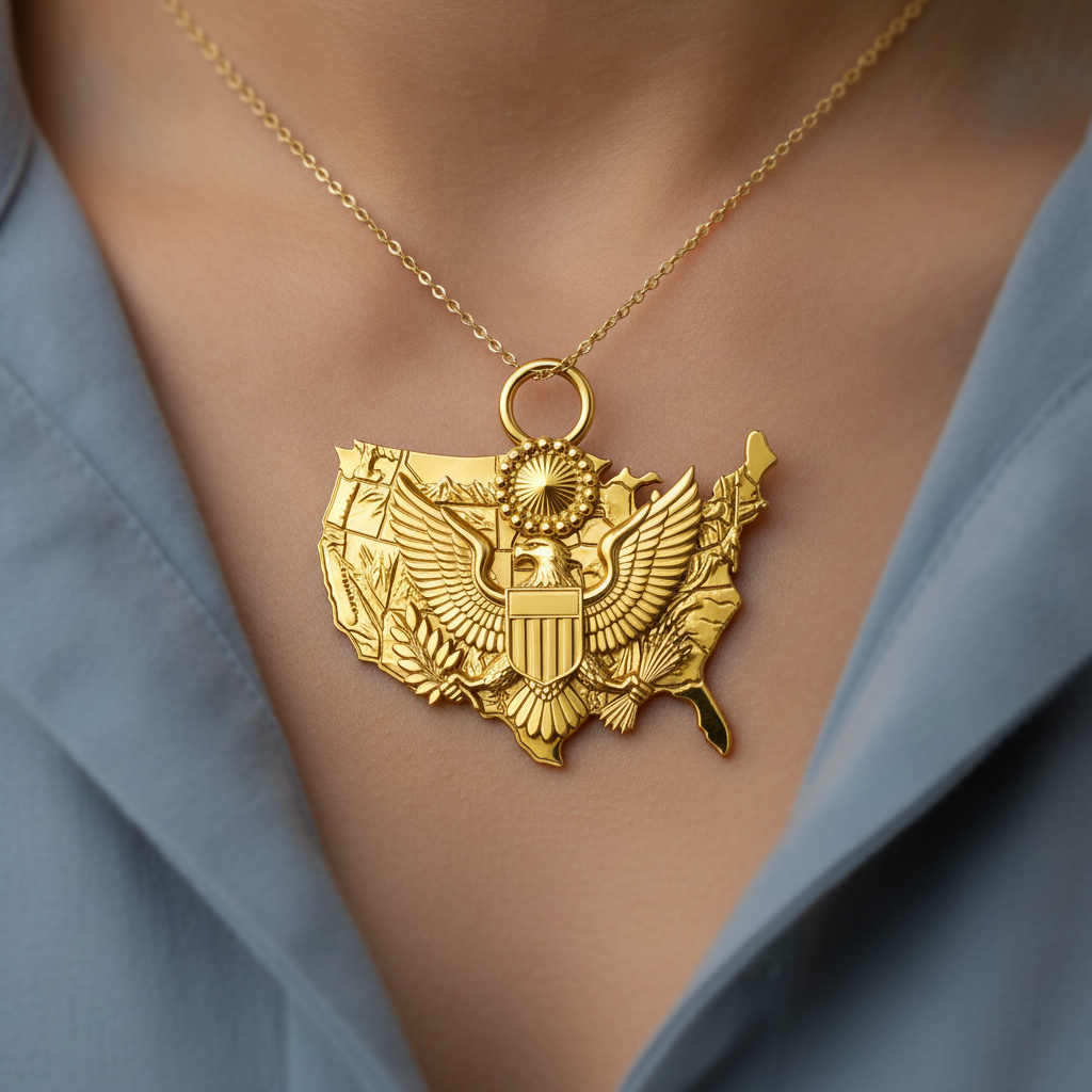 USA Eagle Map Pendant Necklace, 250th Anniversary America Necklace, 9K Gold, Sterling Silver or Brass, Patriotic Gift, USA Map Jewellery