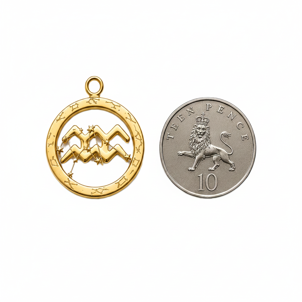 Aquarius Symbol Zodiac Pendant Necklace, 25mm Aquarius Constellation Pendant, Water Bearer Astrology Necklace, 9K Gold, Sterling Silver or Yellow Brass Gift