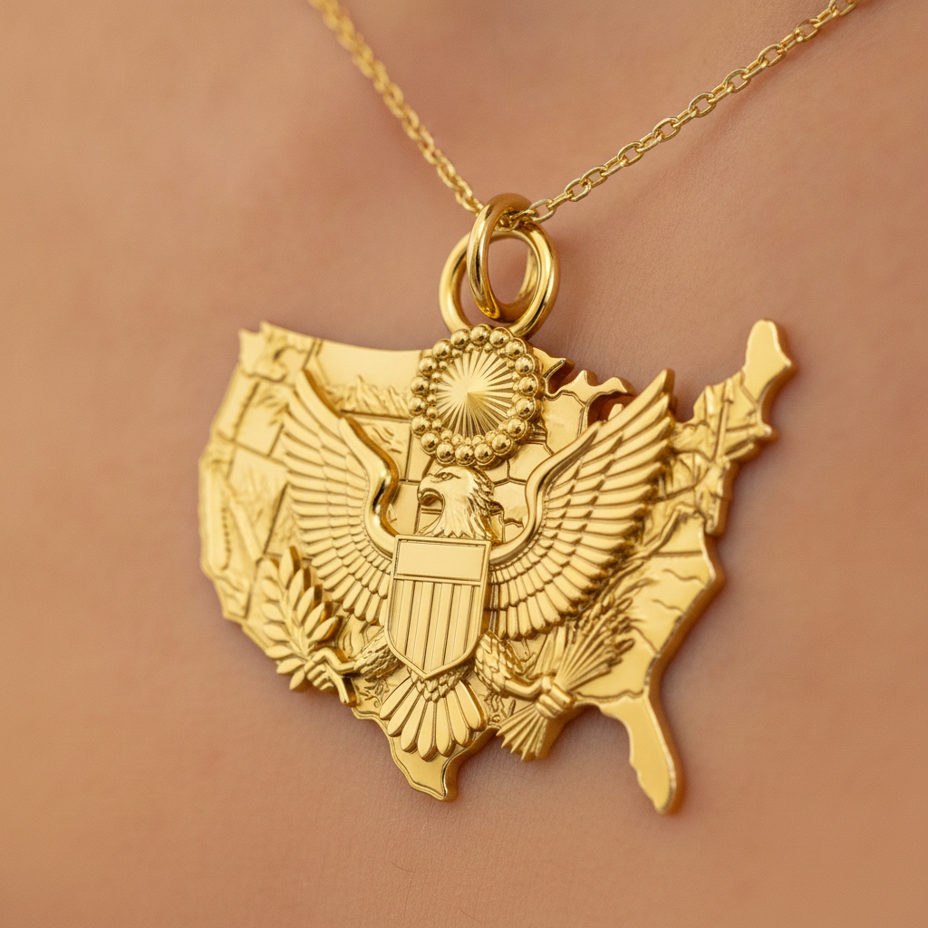USA Eagle Map Pendant Necklace, 250th Anniversary America Necklace, 9K Gold, Sterling Silver or Brass, Patriotic Gift, USA Map Jewellery