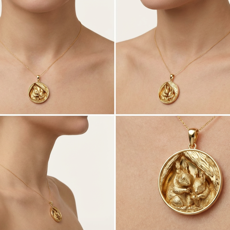 Squirrel Pair Tree Nest Pendant – Gold, Silver & Brass Jewelry, Wildlife Animal Charm, Nature Inspired Collectible