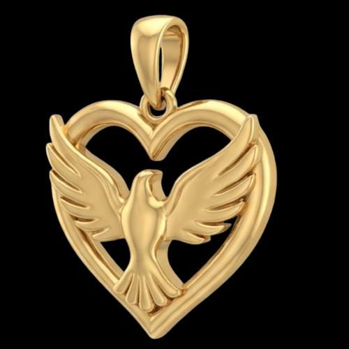 18K Gold Dove Pendant, 3D Heart Valentine's Gift