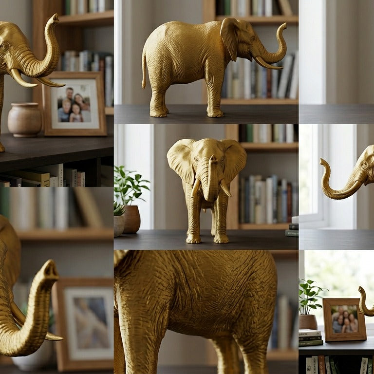 Elephant Sculpture 3D Print | Wildlife Decor Model | Large Display Animal | Gold Grey PLA | 250mm Elephant Figurine Gift