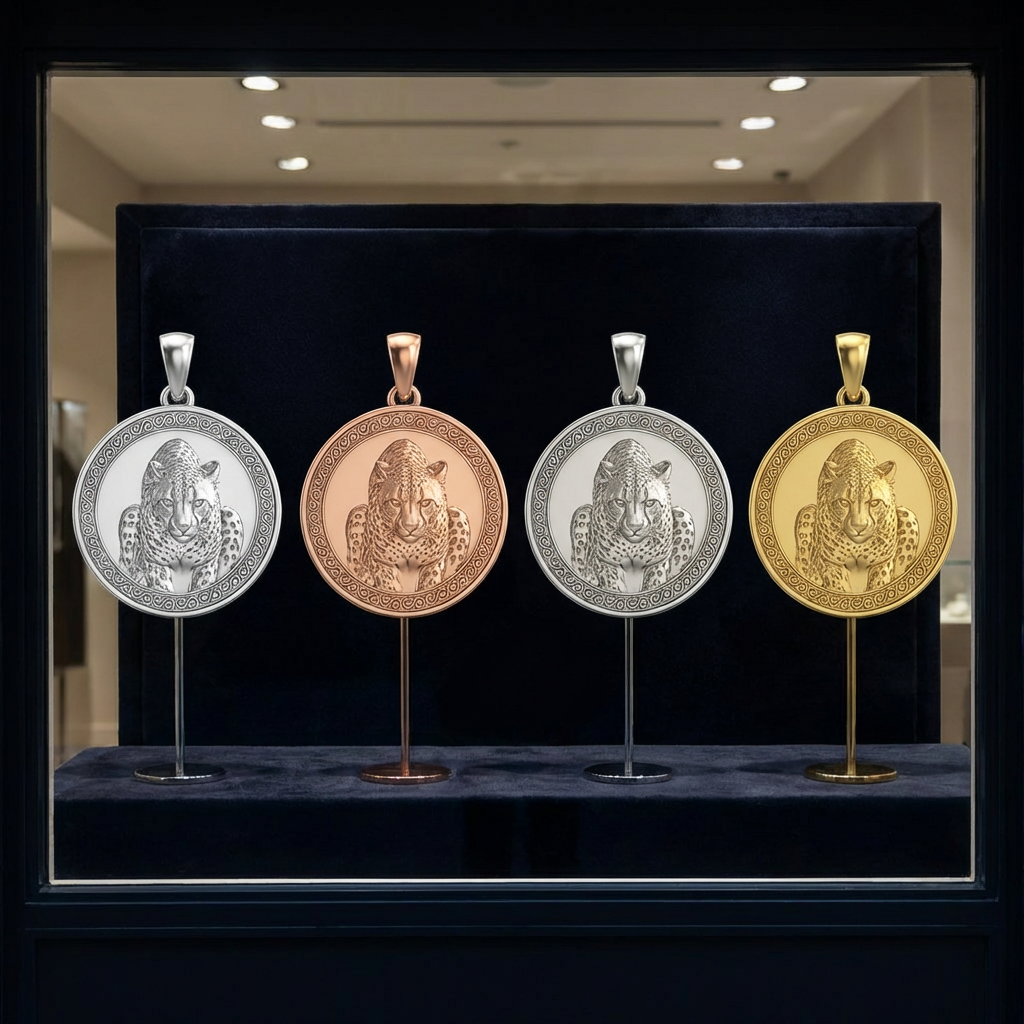 Cheetah Pendant Necklace – Gold & Sterling Silver, Predator in Attack Pose, Bold Wildlife Jewelry with Prominent Eyes