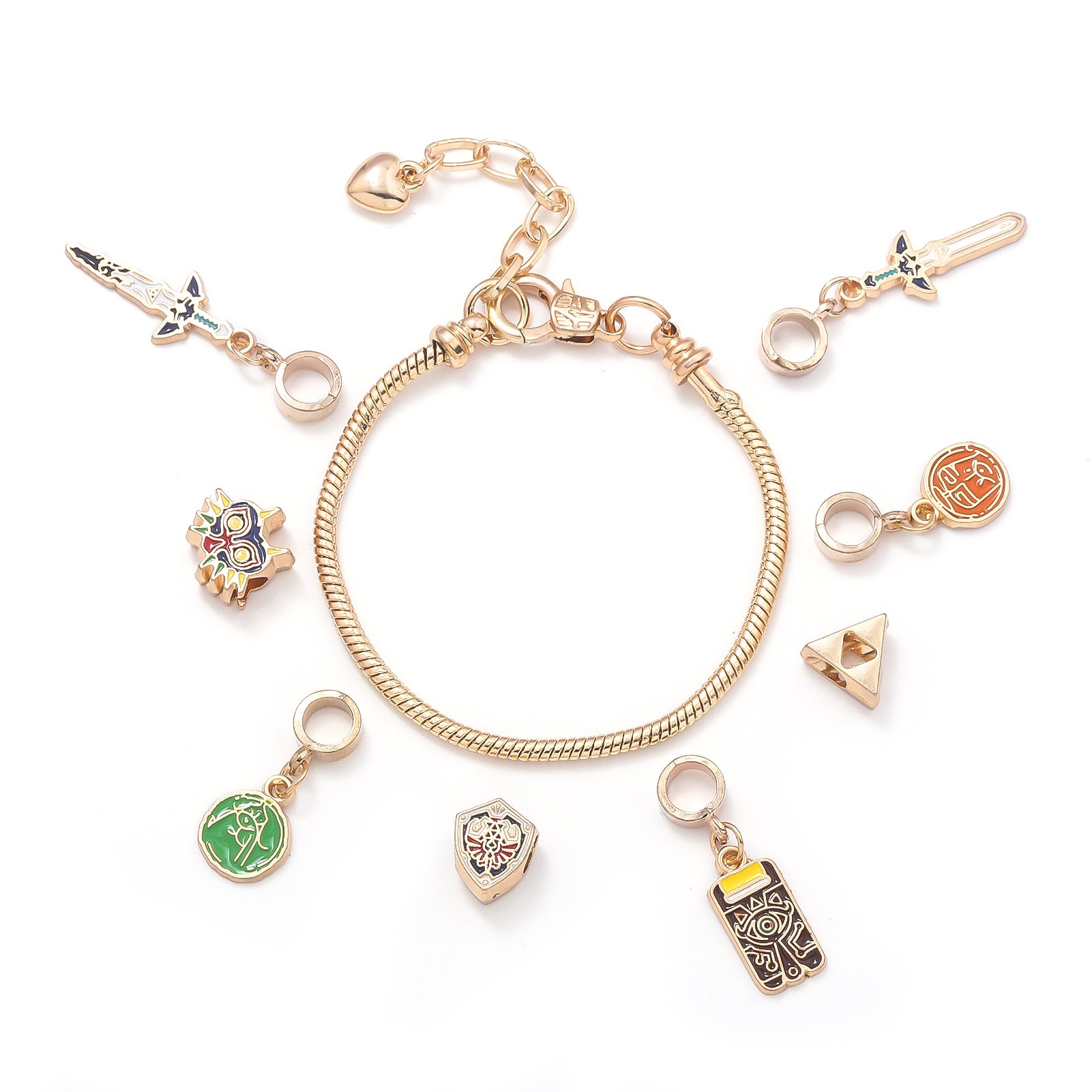 Legend of Zelda Charm Bracelet in silver-tone by MokshaGoldSculptures with eight Breath of the Wild charms including sword and shield.