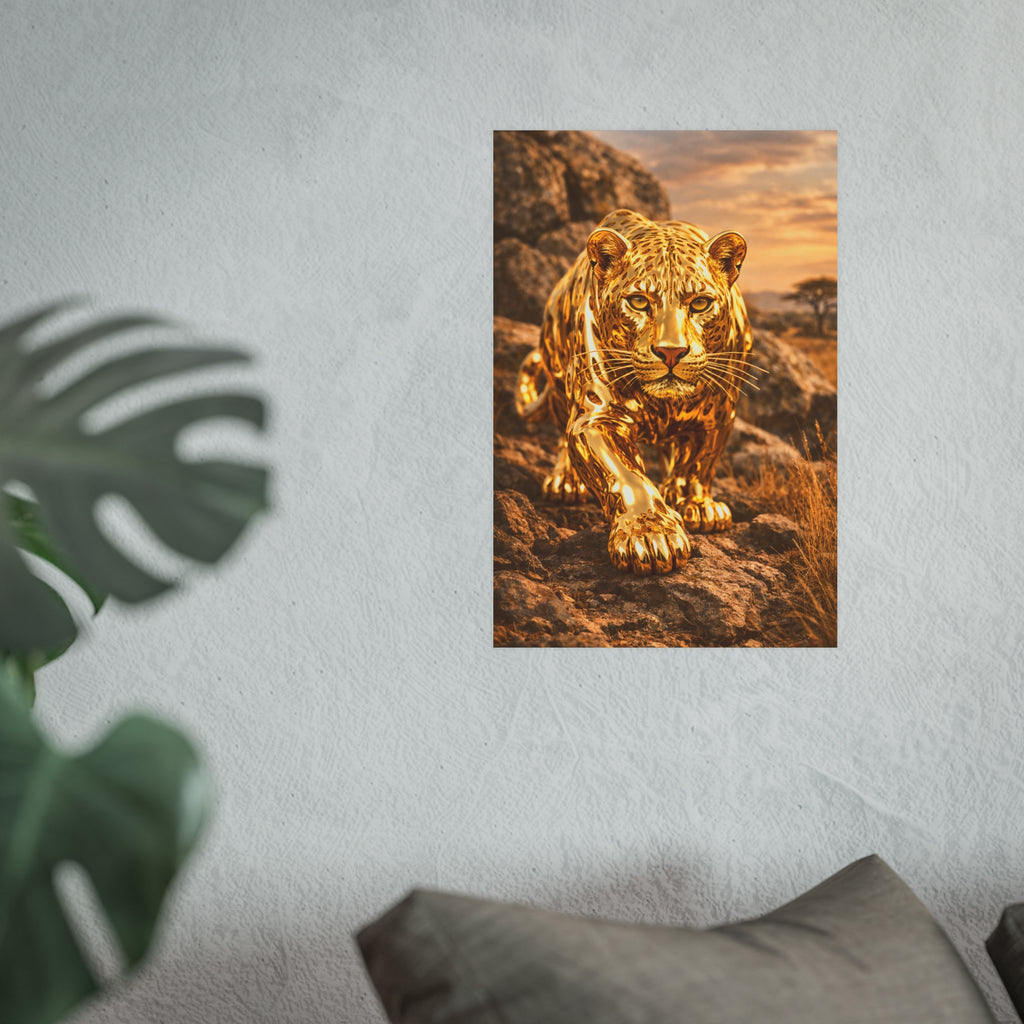 Polished Gold Leopard Statue Wall Art Poster Luxury Safari Animal Decor Realistic Metallic Wildlife Artwork Modern Home Living Room Interior