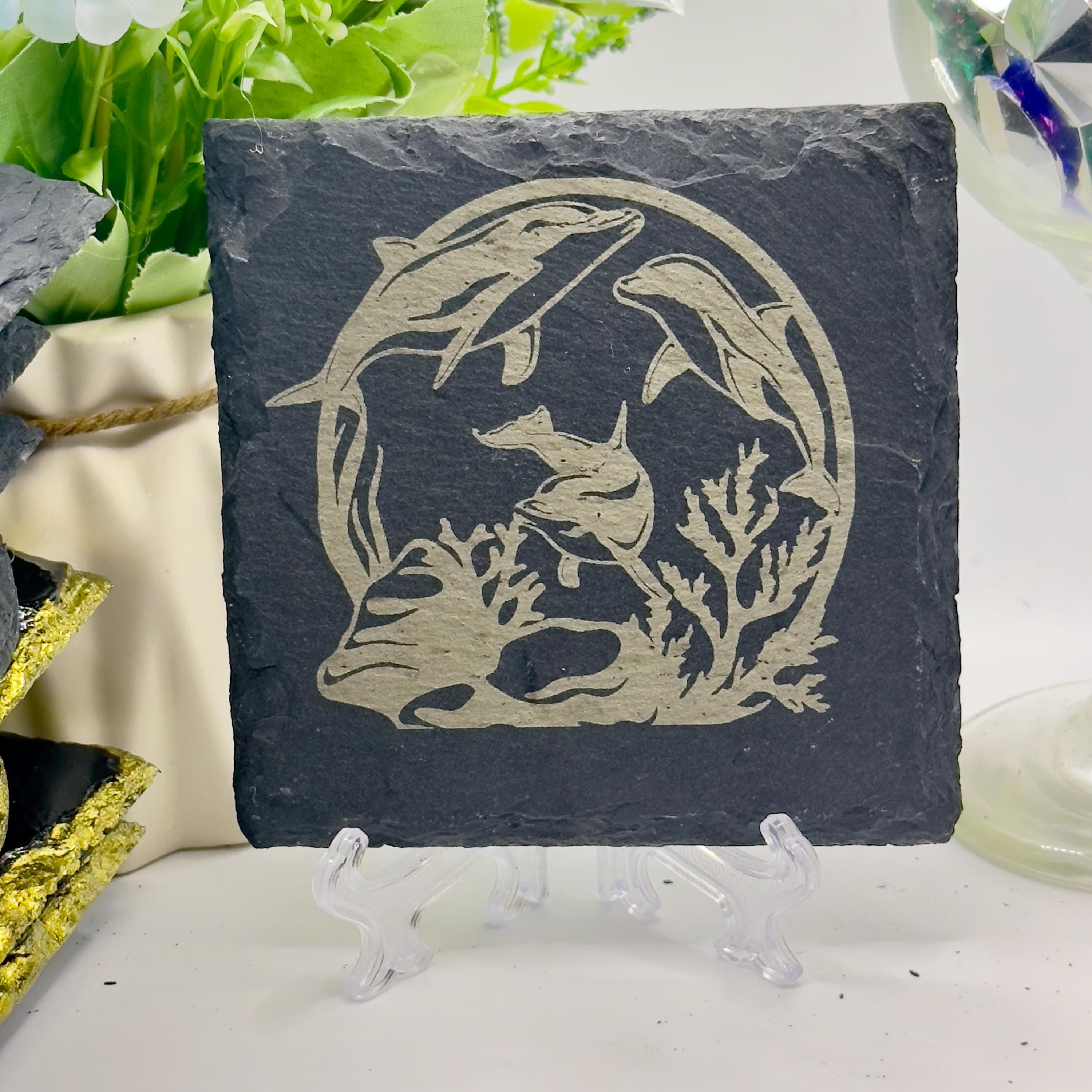 Dolphin Slate Coaster | Handmade Engraved Dolphin Coaster | Marine Wildlife Gift | Ocean Home Decor