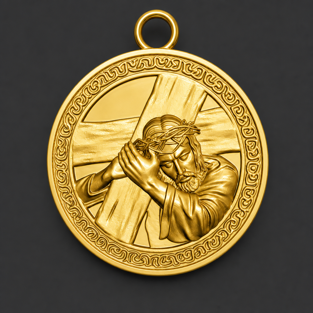 The Jesus Carrying the Cross Medallion Pendant in 9K gold by MokshaGoldSculptures.