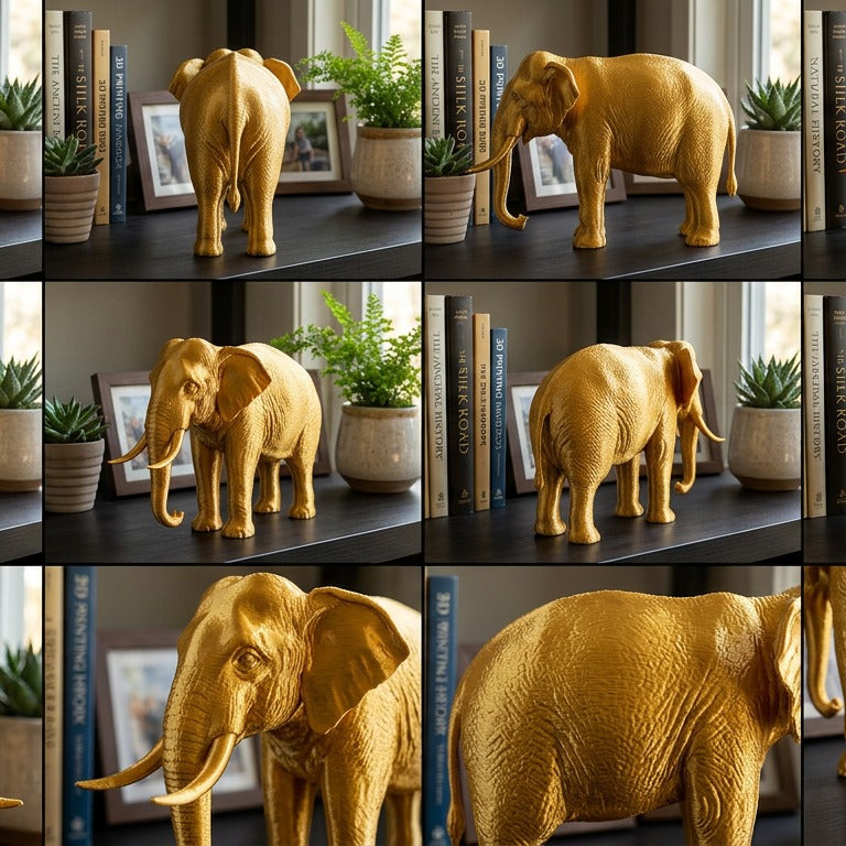 Elephant Sculpture 3D Print | Wildlife Decor Model | Large Display Animal | Gold Grey PLA | 250mm Elephant Figurine Gift