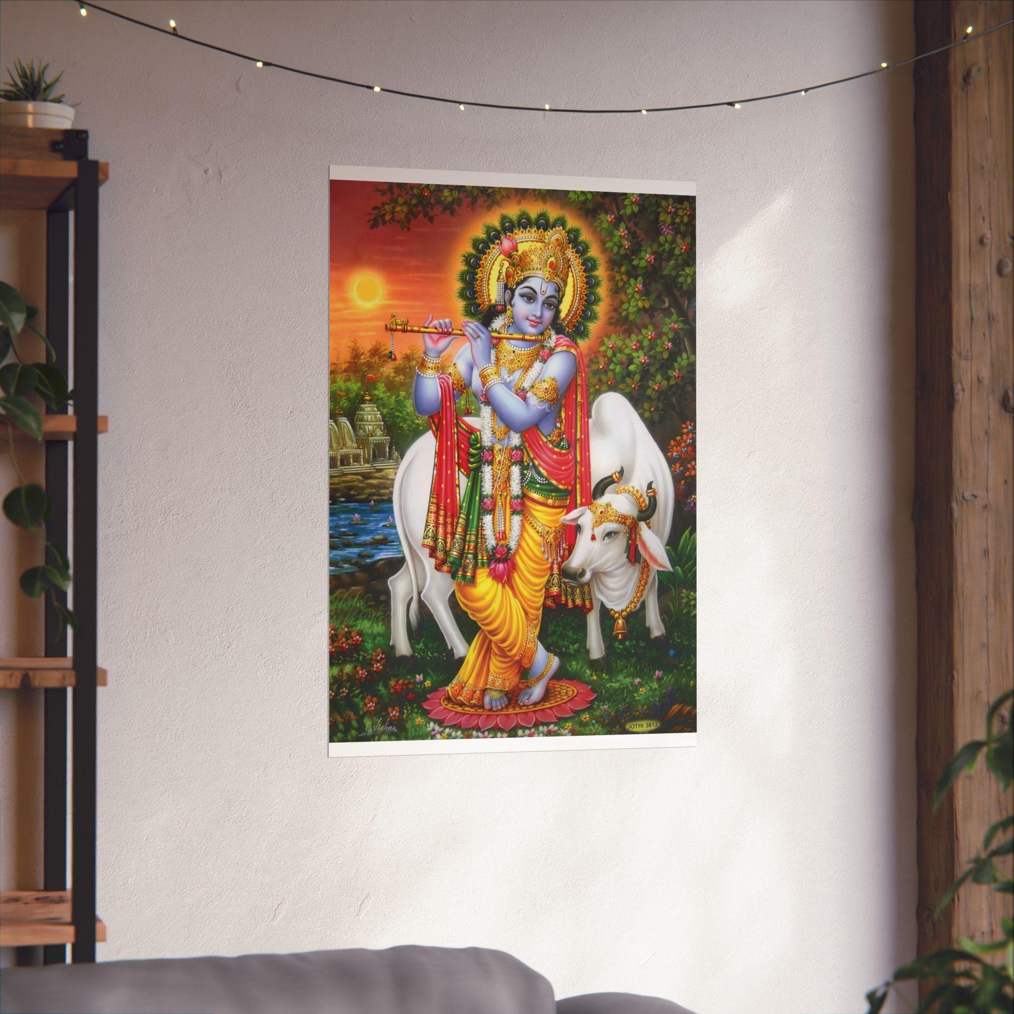 Krishna Playing Flute Matte Vertical Poster | Hindu Devotional Wall Art
