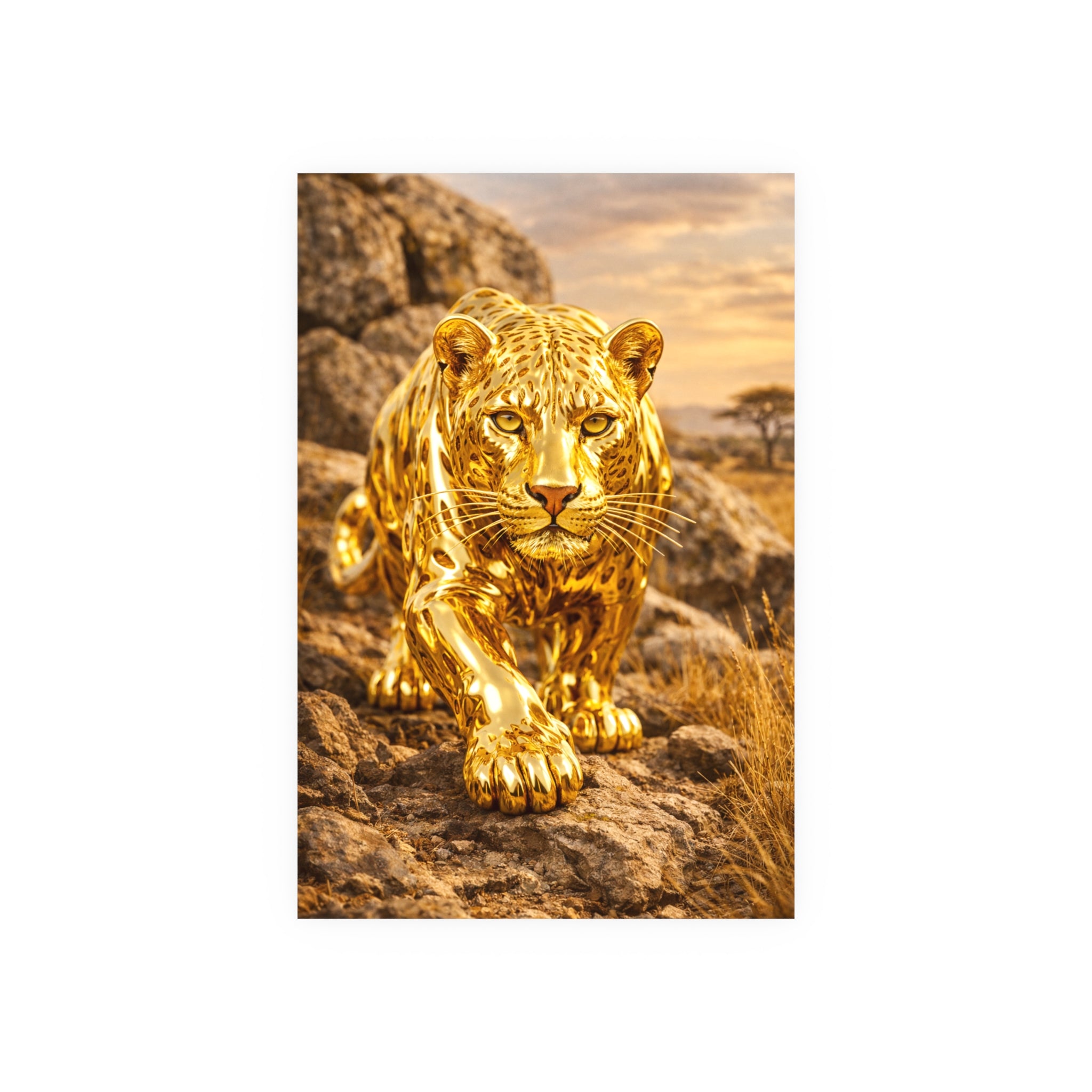 Polished Gold Leopard Statue Wall Art Poster Luxury Safari Animal Decor Realistic Metallic Wildlife Artwork Modern Home Living Room Interior