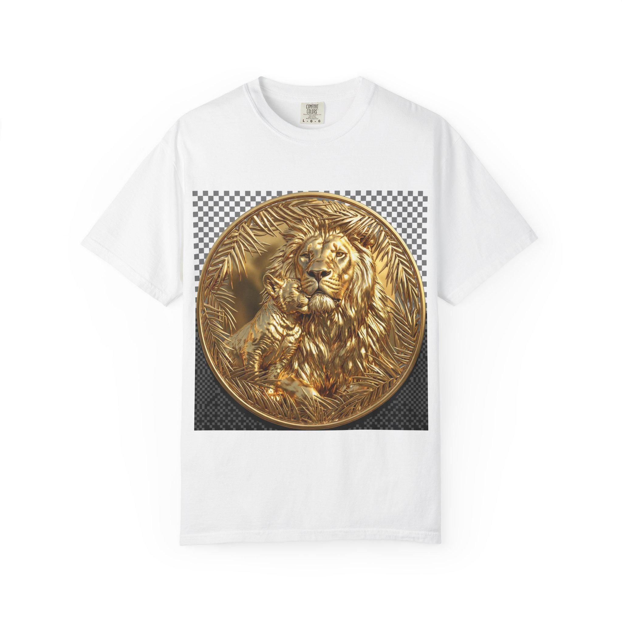 Majestic Lion with Cub Hugging Powerful Father and Cub Wildlife Gold Print T-Shirt