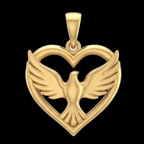 18K Gold Dove Pendant, 3D Heart Valentine's Gift