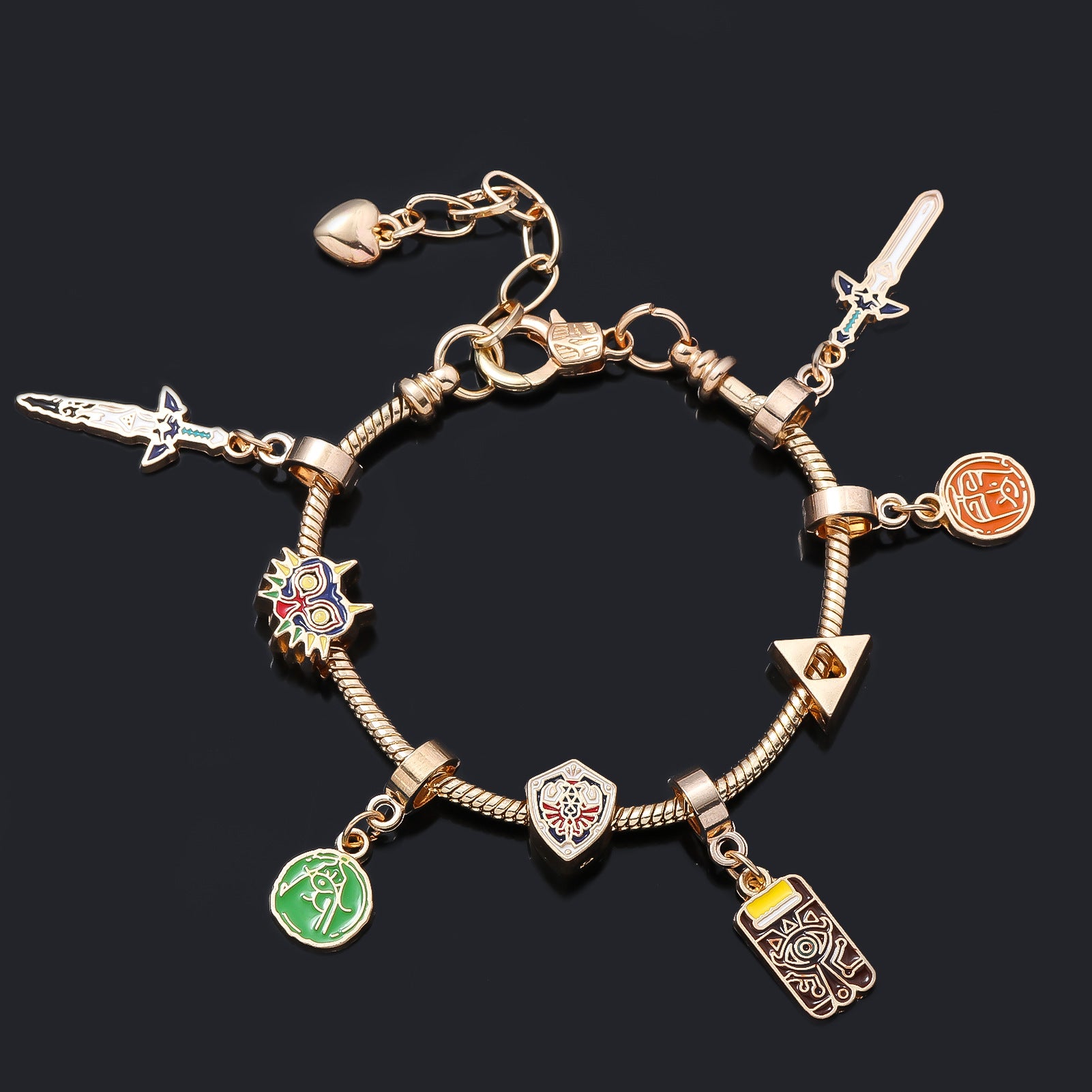 The eprolo Legend of Zelda charm bracelet in silver tone by MokshaGoldSculptures, six enamel charms, on black.