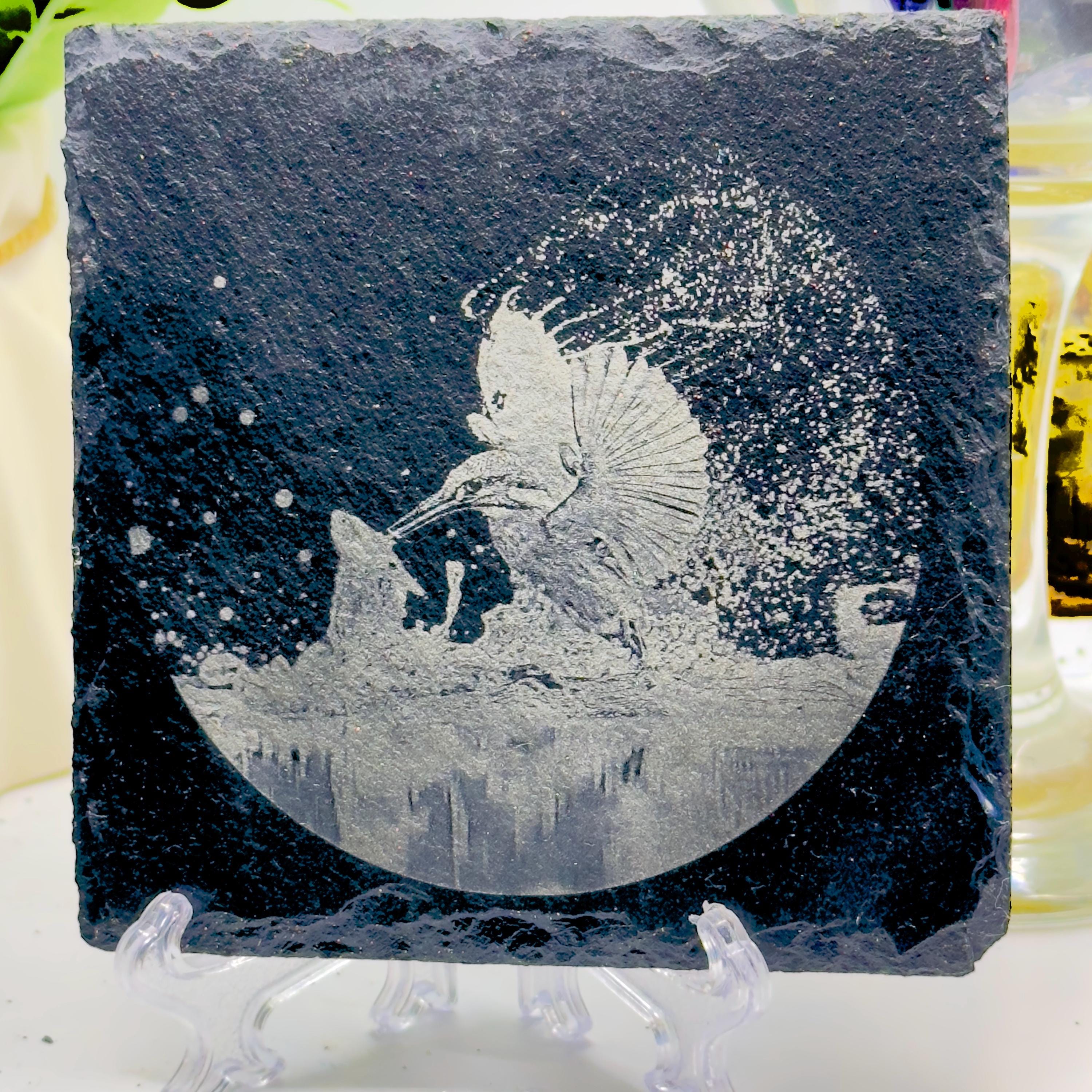 Kingfisher with Fish Slate Coaster | Wildlife Bird Art | Laser Engraved Natural Slate | Handmade Gift for Nature Lovers