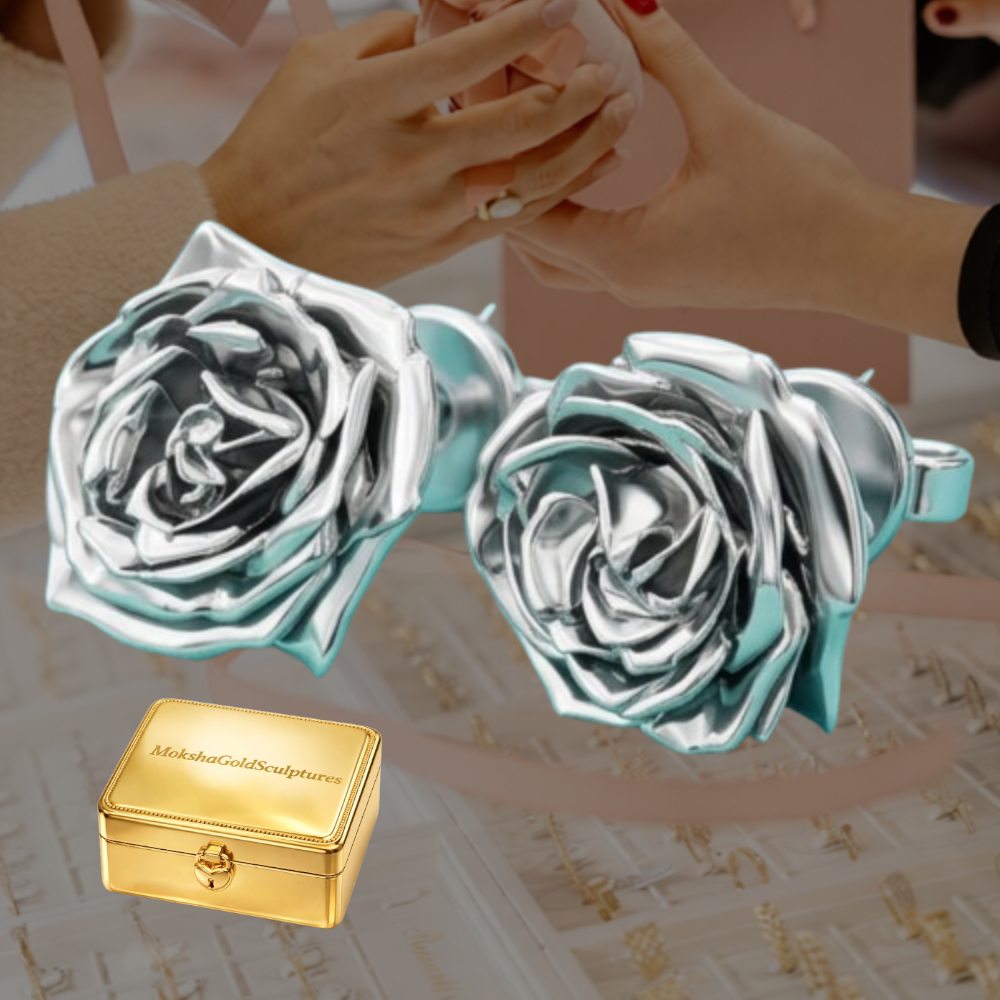 Rose Stud Earrings in Polished Silver & Polished Brass | 14mm Floral Earrings | Sculpted Rose Jewellery | Lightweight Botanical Studs
