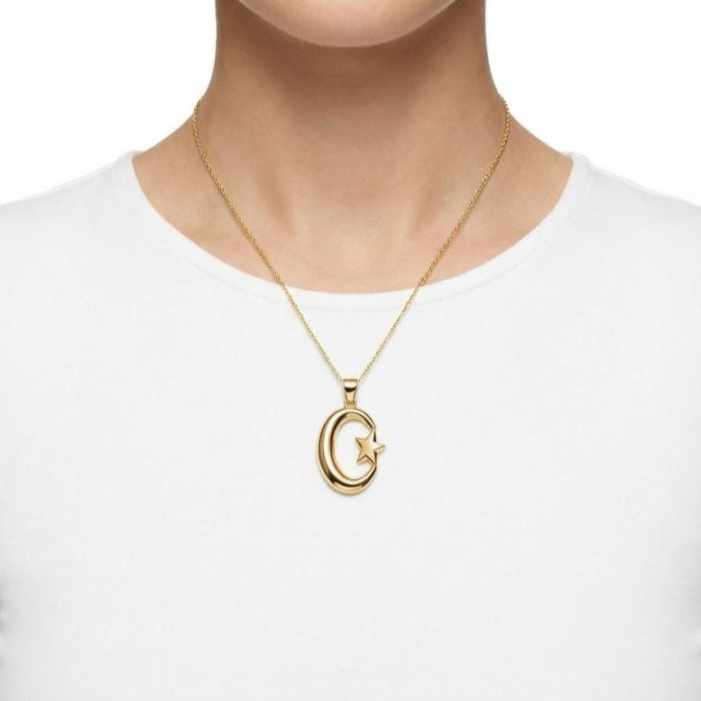 Crescent Star Pendant 30mm – Gold-Tone Metal Alloy – Religious Necklace Charm