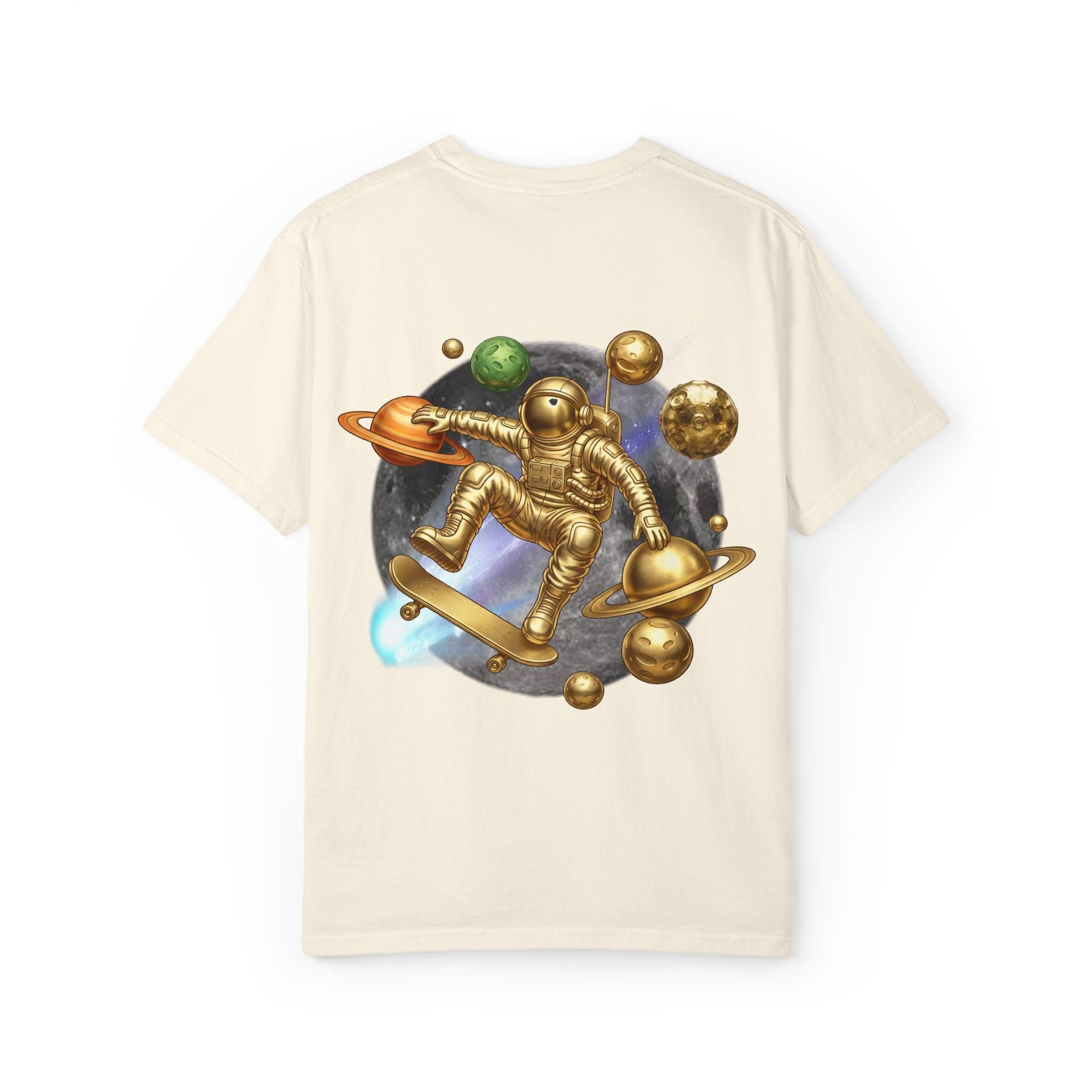 Golden Astronaut Skateboard T-Shirt | Space Planets Graphic