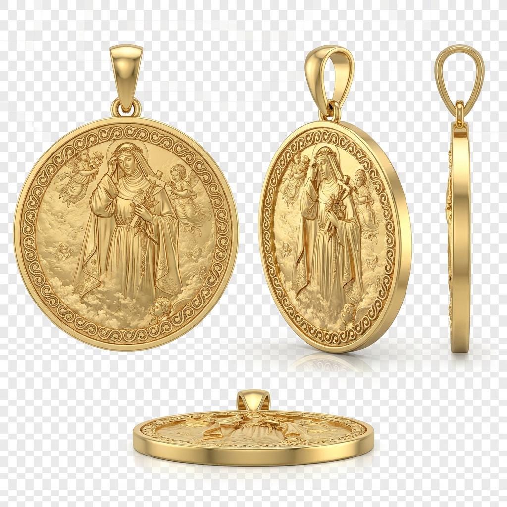 Mary in the Clouds Pendant Necklace in engraved gold by MokshaGoldSculptures, detailed Virgin and Jesus with angels, shown multi-angle.  MokshaGoldSculptures