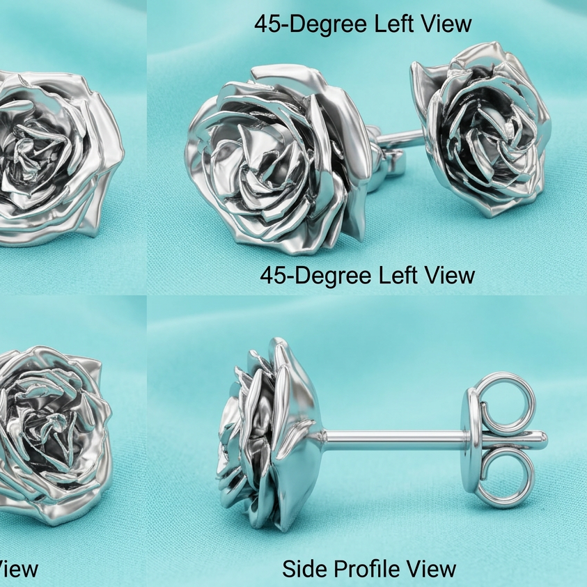 Rose Stud Earrings in gold finish (14mm) by MokshaGoldSculptures, elegant floral design shown on turquoise background.