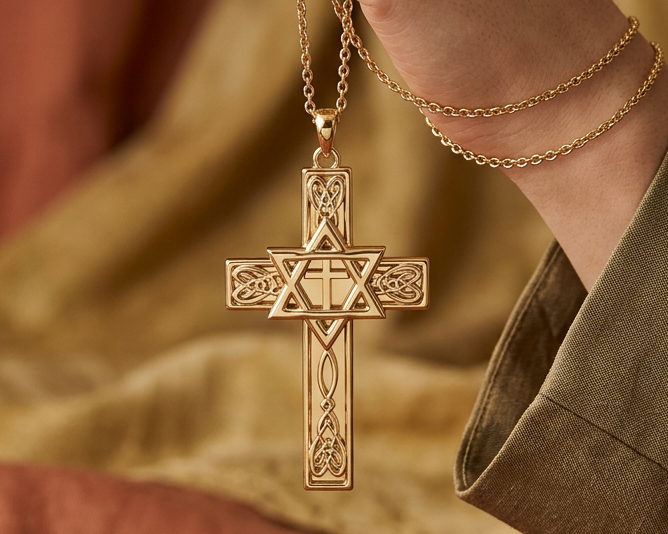 Celtic Cross with Star of David Pendant Necklace | Interfaith Jewellery | 18K Gold & Sterling Silver
